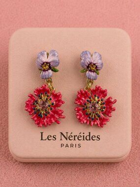 Les Néréides Red Flower Drop Earrings Pink Purple Enamel Statement Floral